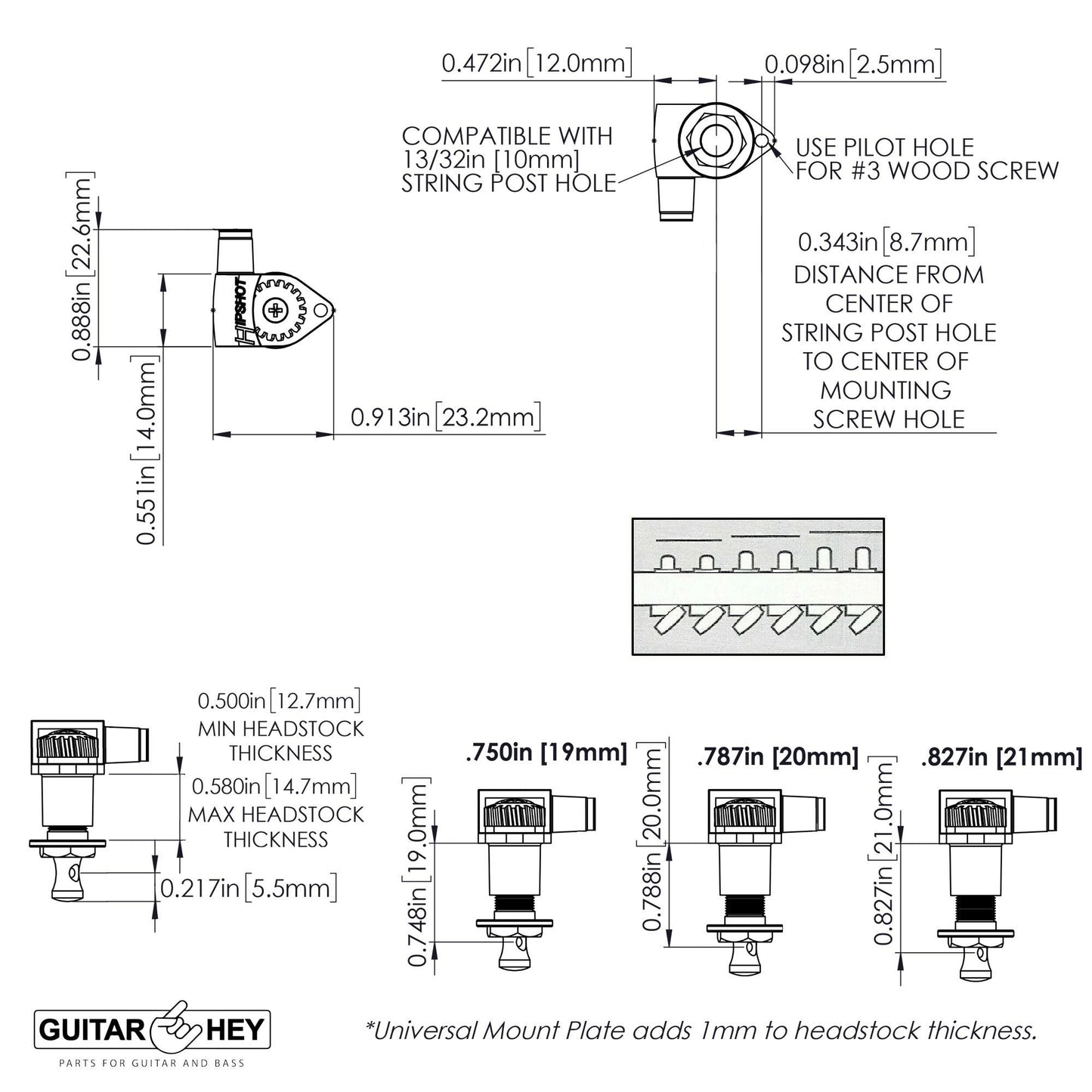 NEW Hipshot 6 in Line STAGGERED Classic OVAL PEARLOID Buttons w/ Plates - CHROME