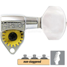 Load image into Gallery viewer, NEW Hipshot 6 in Line Classic Tuners Non-Staggered w/ PEARLOID Buttons - CHROME