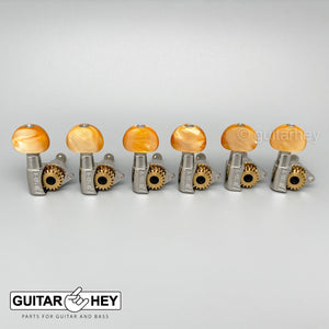 NEW Hipshot Classic 6 in Line STAGGERED Open-Gear Small AMBER Buttons - NICKEL