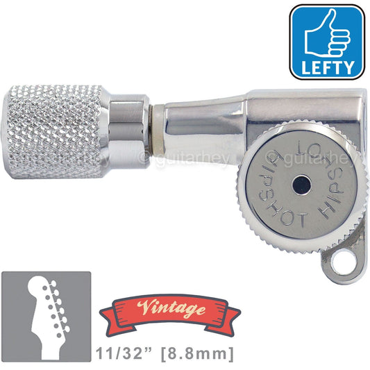 Hipshot VINTAGE 6-in-Line Locking Tuners STAGGERED KNURLED Left-Handed - CHROME
