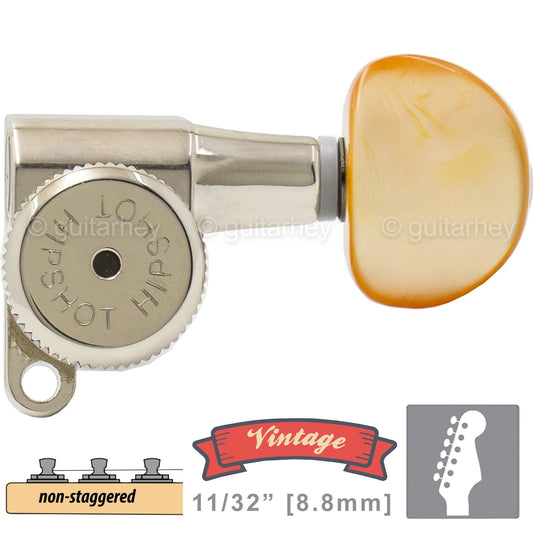 NEW Hipshot VINTAGE 6-in-Line Locking Tuners w/ AMBER Buttons 21/64" ID, NICKEL