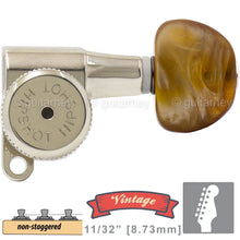 Load image into Gallery viewer, NEW Hipshot VINTAGE 6-in-Line Locking Tuners w/ AMBER Buttons 21/64&quot; ID, NICKEL