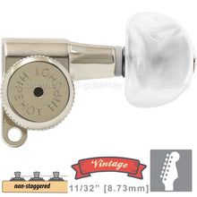 Load image into Gallery viewer, NEW Hipshot VINTAGE 6-in-Line Locking Tuners Half Moon Pearl, 21/64&quot; ID, NICKEL