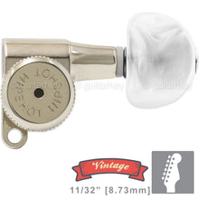 Load image into Gallery viewer, Hipshot VINTAGE 6-in-Line STAG Locking Tuners Half Moon Pearl, 21/64&quot; ID, NICKEL