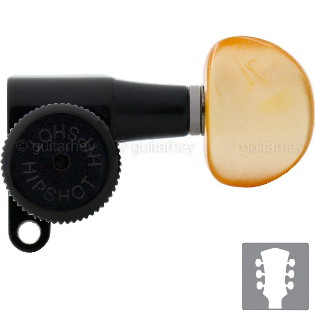 NEW Hipshot Locking M6 Schaller Mini Style Keys AMBER Buttons Set 3x3 - BLACK