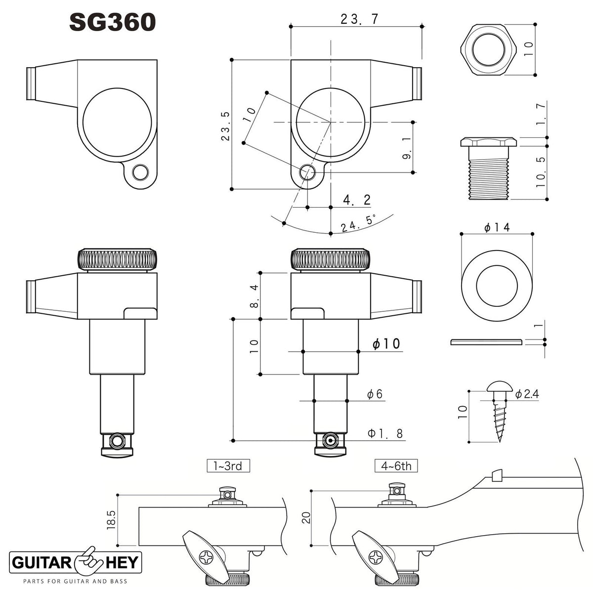 NEW Gotoh SG360-EN07 MGT 6 In-Line Locking Mini Tuners LEFT-HANDED - COSMO BLACK