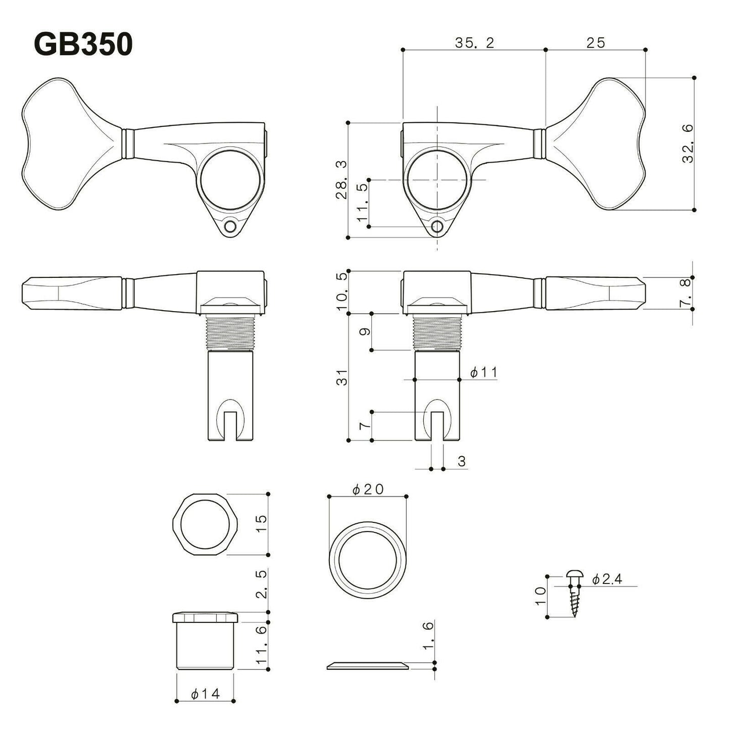 NEW Gotoh GB350 RES-O-LITE Aluminum Bass Side 3x1 Set Tuning Keys ANTIQUE CHROME