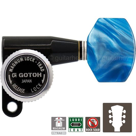 NEW Gotoh SG360-P9 MGT Locking Tuners L3+R3 SMALL Blue Pearl Buttons 3x3 - BLACK