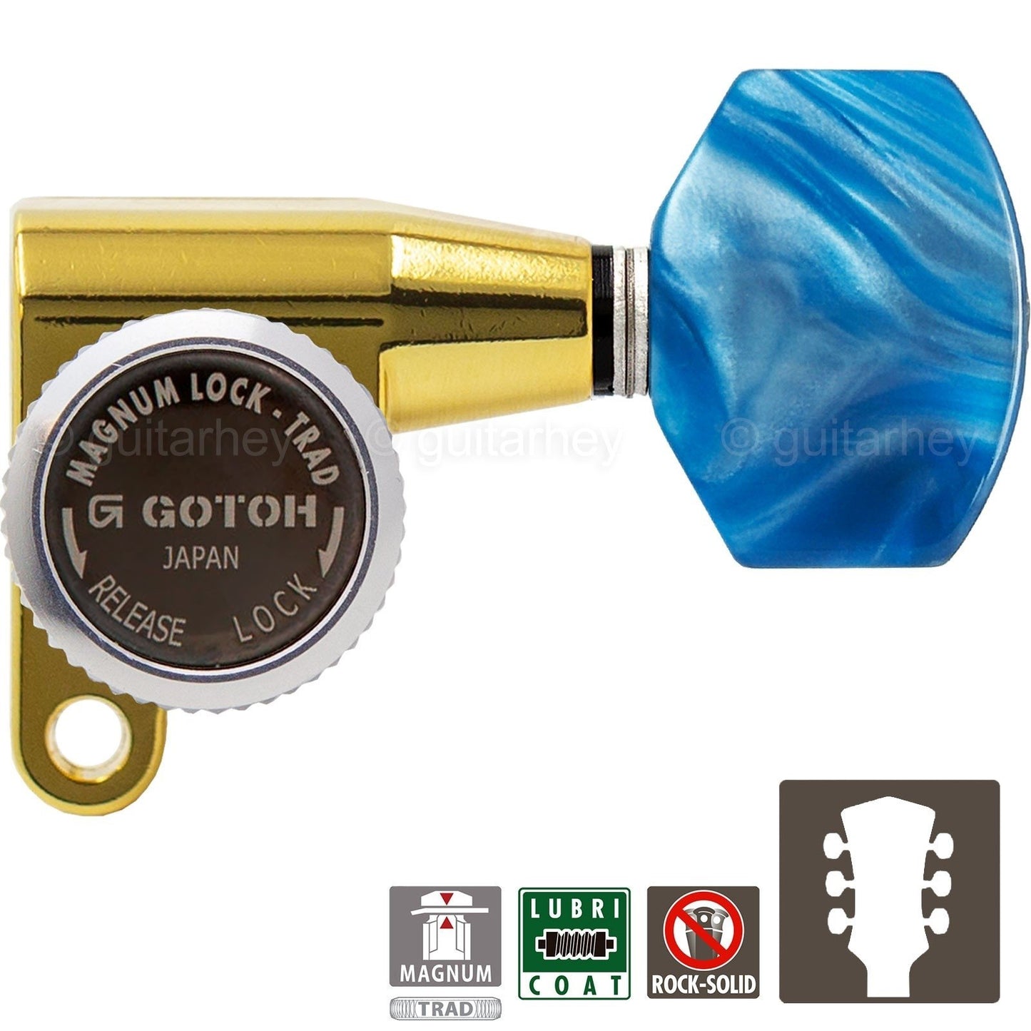 NEW Gotoh SG360-P9 MGT Locking Tuners L3+R3 SMALL Blue Pearl Buttons 3x3 - GOLD