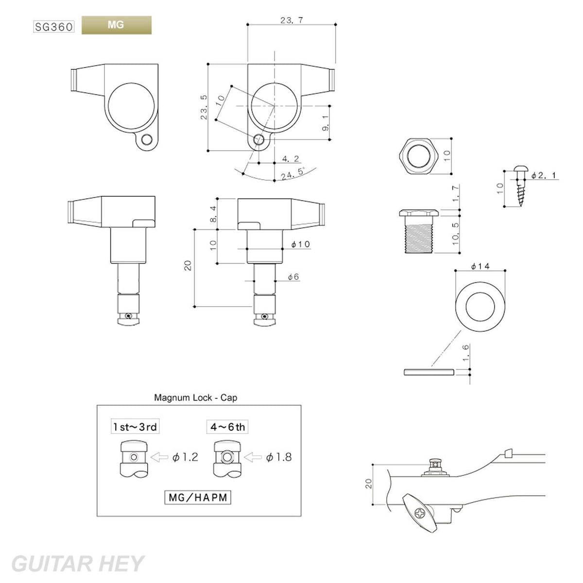 NEW Gotoh SG360-05 MG MAGNUM Locking Keys Set 6 in line Schaller Style - BLACK