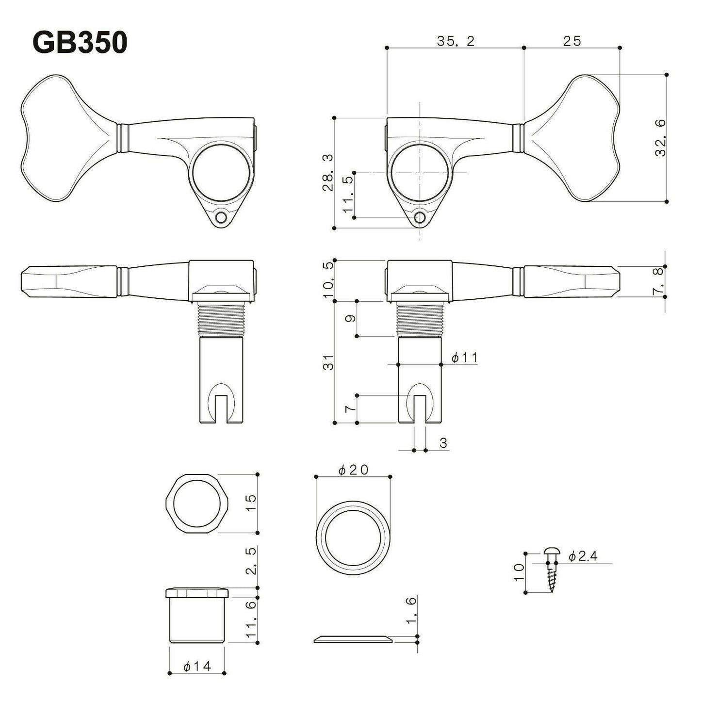 NEW Gotoh GB350 RES-O-LITE Aluminum Bass Side 4x1 Set Tuning Keys Set - GOLD