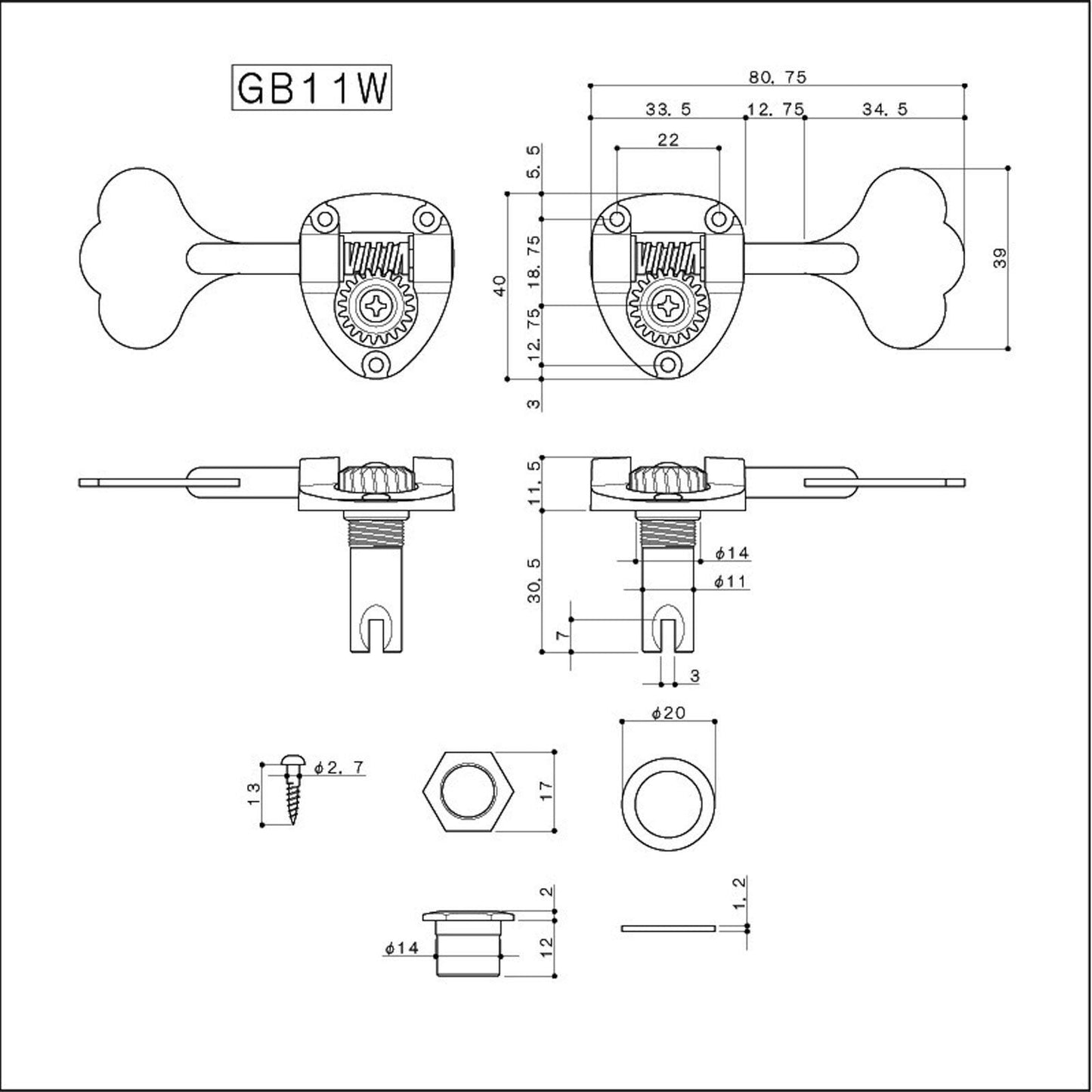 NEW Gotoh GB11W 4 In-Line SET Bass Tuners Tuning Keys 20:1 w/ Hardware - CHROME