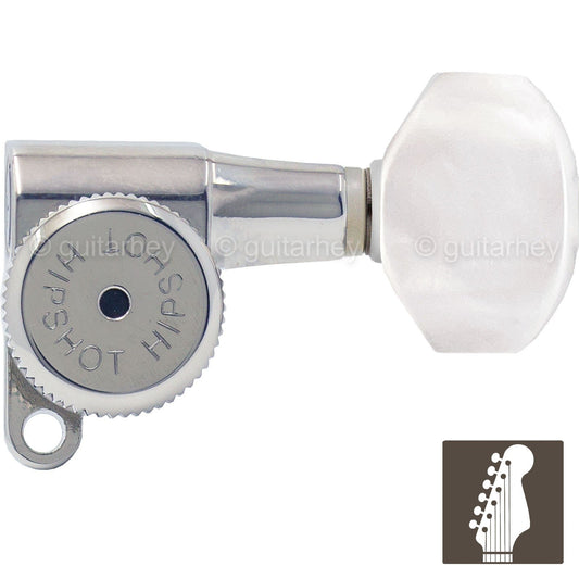 NEW Hipshot 6-in-Line LOCKING Tuners STAGGERED Set keys Pearl Buttons - CHROME