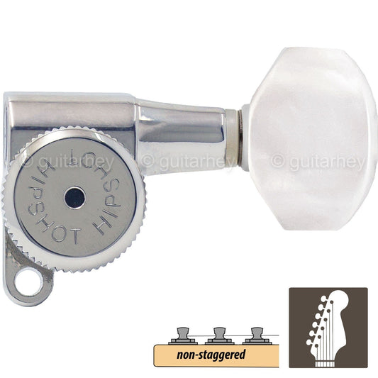 NEW Hipshot 6-in-Line LOCKING Tuners SET Non-Staggered, Pearloid Buttons, CHROME