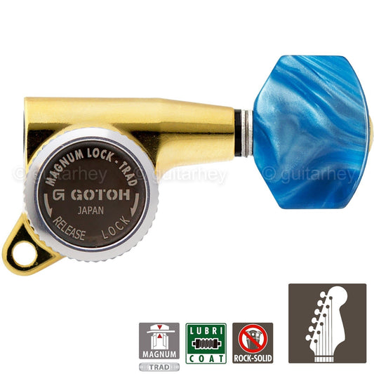NEW Gotoh SG381-P9 MGT Locking Tuning Keys Set 6 in Line PEARLOID Buttons - GOLD