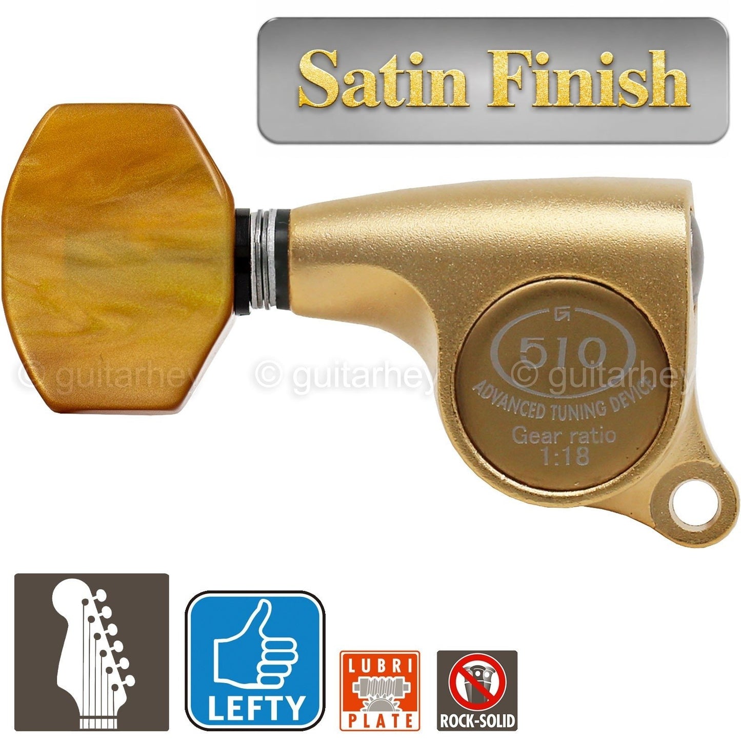 NEW Gotoh SGS510Z-P8 6 in Line LEFT-HANDED Mini Tuners 18:1 Ratio - SATIN GOLD
