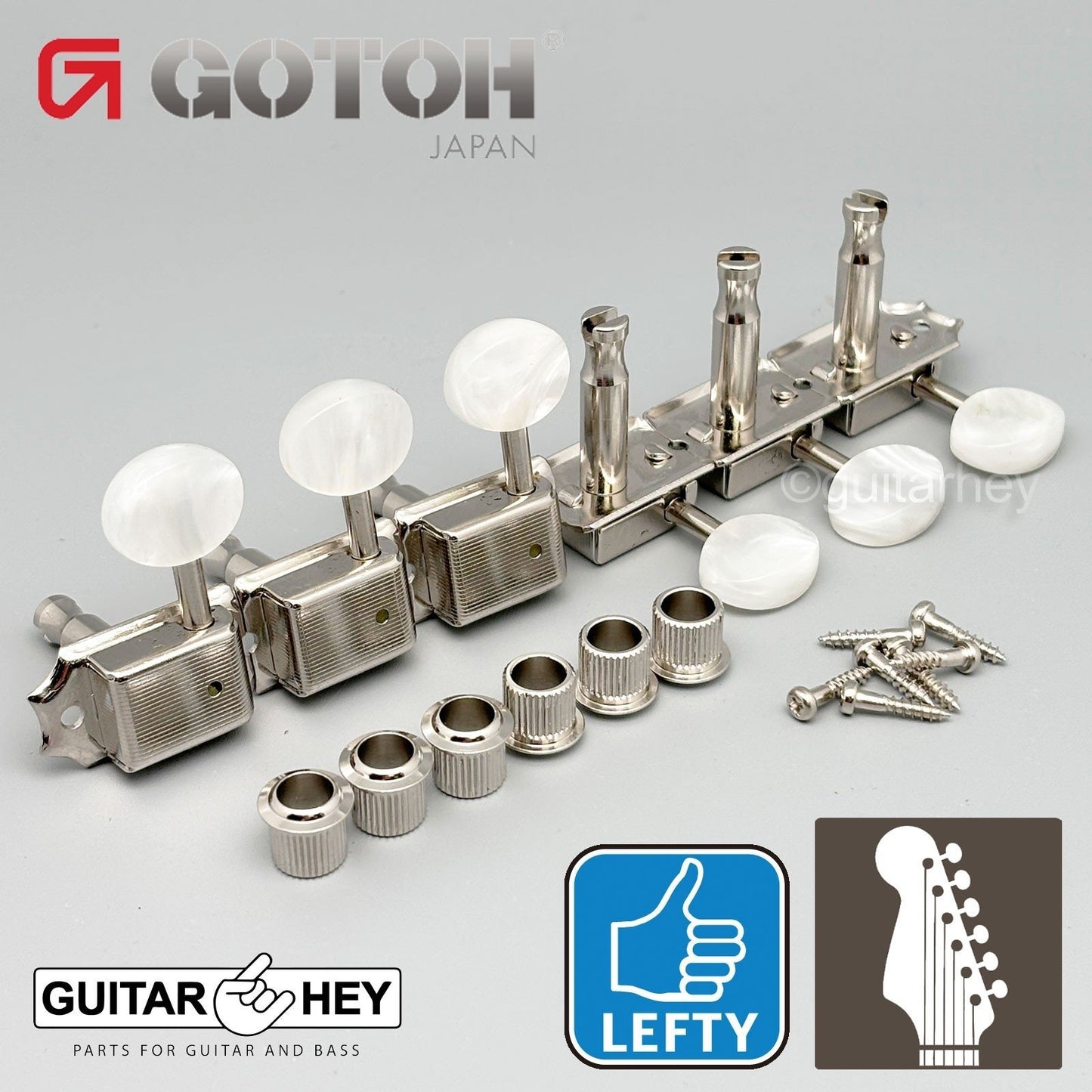 NEW Gotoh SD91-P5W Vintage Tuners PEARLOID Buttons 6 in line LEFT-HANDED NICKEL