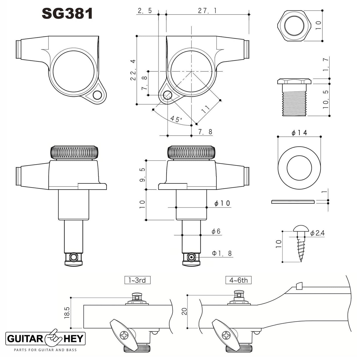 NEW Gotoh SG381-P9 MGT 6 In-Line Set Locking Tuners LEFT-HANDED - BLACK