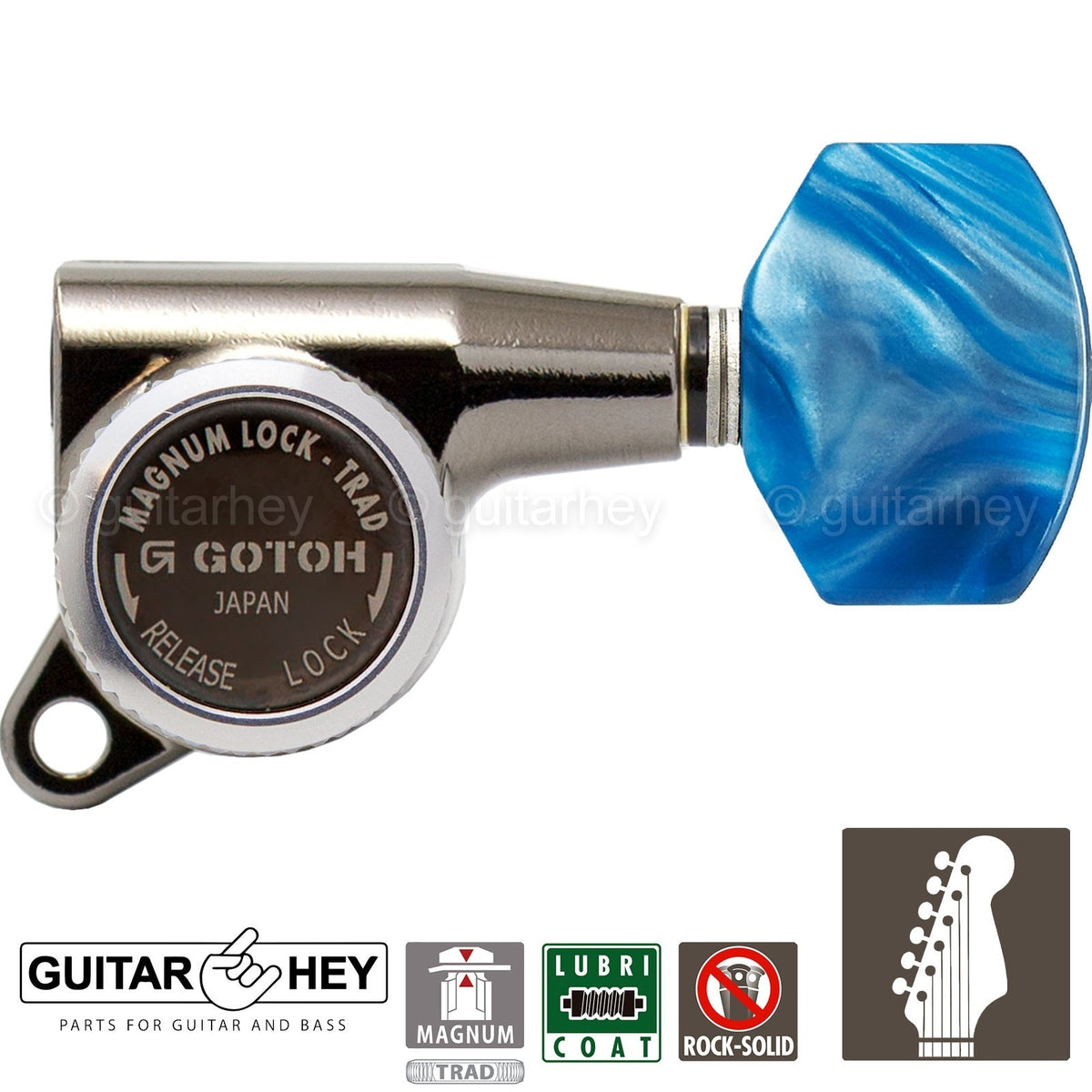 NEW Gotoh SG381-P9 MGT 6 in Line Locking Tuners Set BLUE Buttons - COSMO BLACK