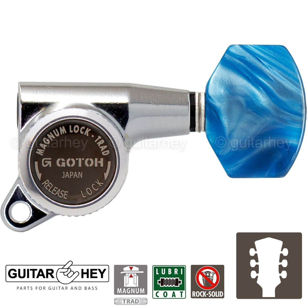 NEW Gotoh SG381-P9 MGT Locking Tuners L3+R3 SMALL BLUE Buttons 3x3 - CHROME