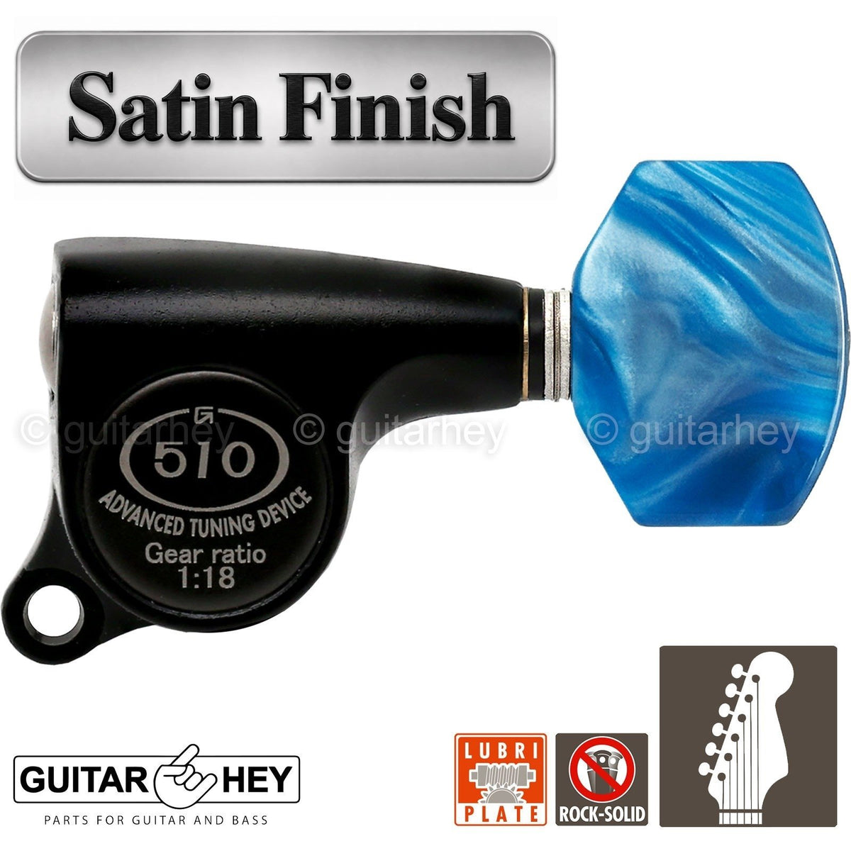 NEW Gotoh SGS510Z-P9 6 in Line Set Mini Tuners BLUE Buttons 18:1 - BLACK SATIN