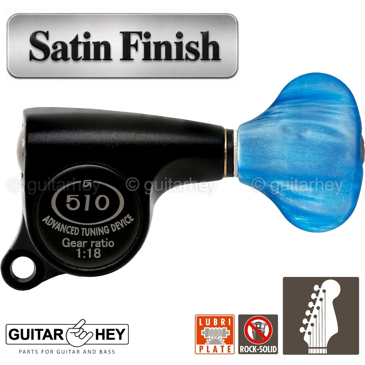 NEW Gotoh SGS510Z-QS5 6 in Line Set Mini Tuners BLUE Buttons 18:1 - BLACK SATIN