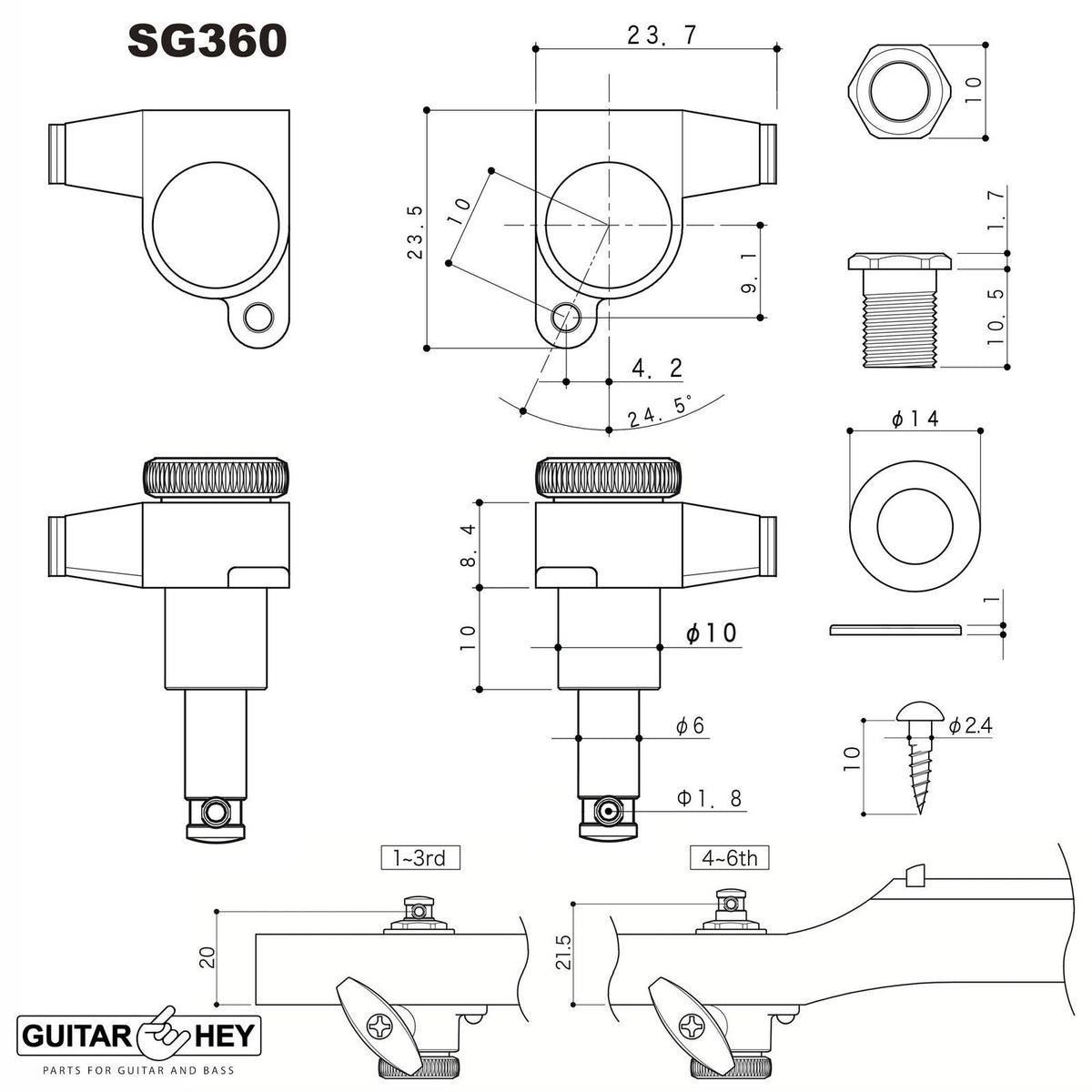NEW Gotoh SG360-P9 MGT 6-in-line LOCKING Tuners Set MINI Right Handed - BLACK