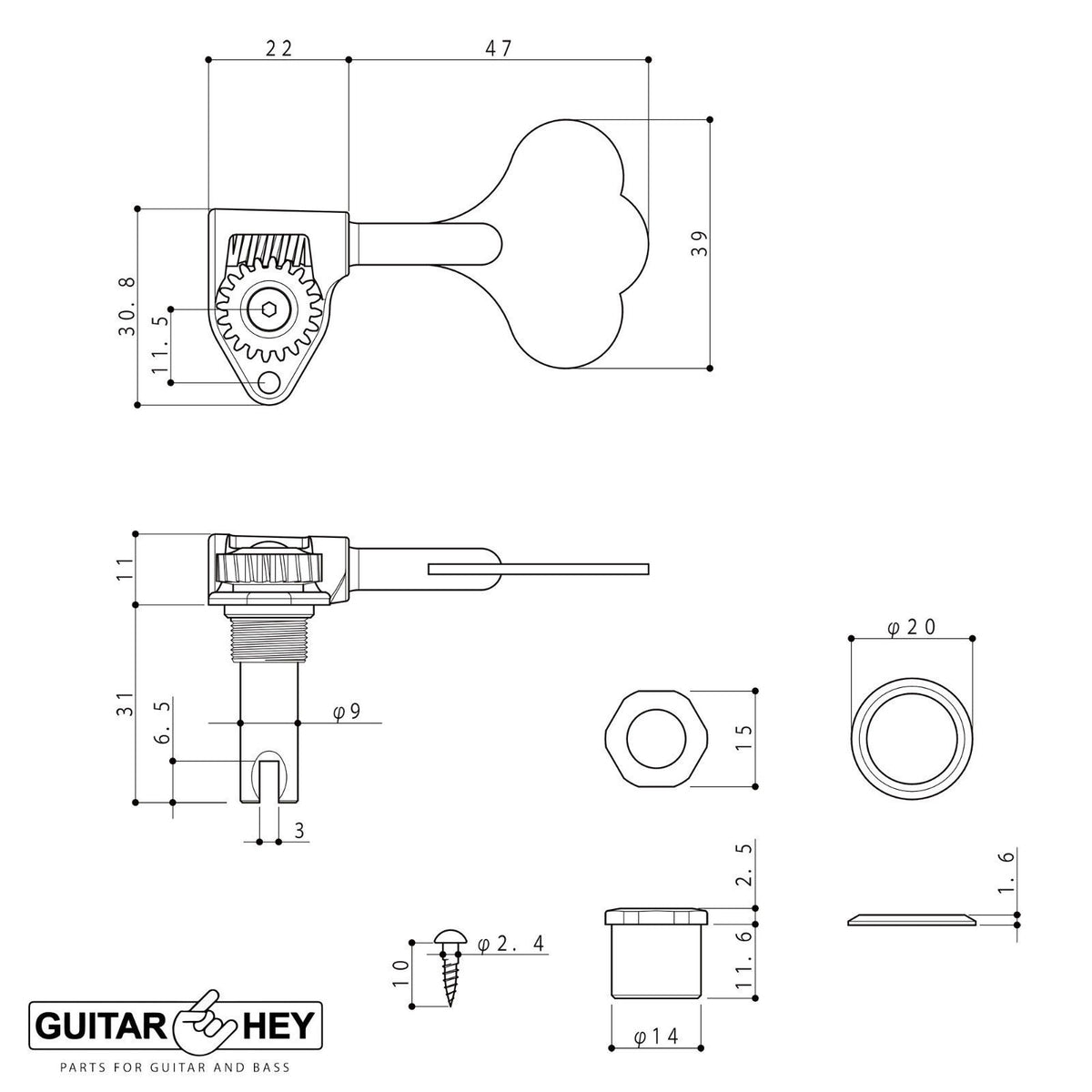 NEW Gotoh GRL510C-9 Bass L1+R4 Tuners SET 9/16" [14mm] RES-O-LITE - COSMO BLACK