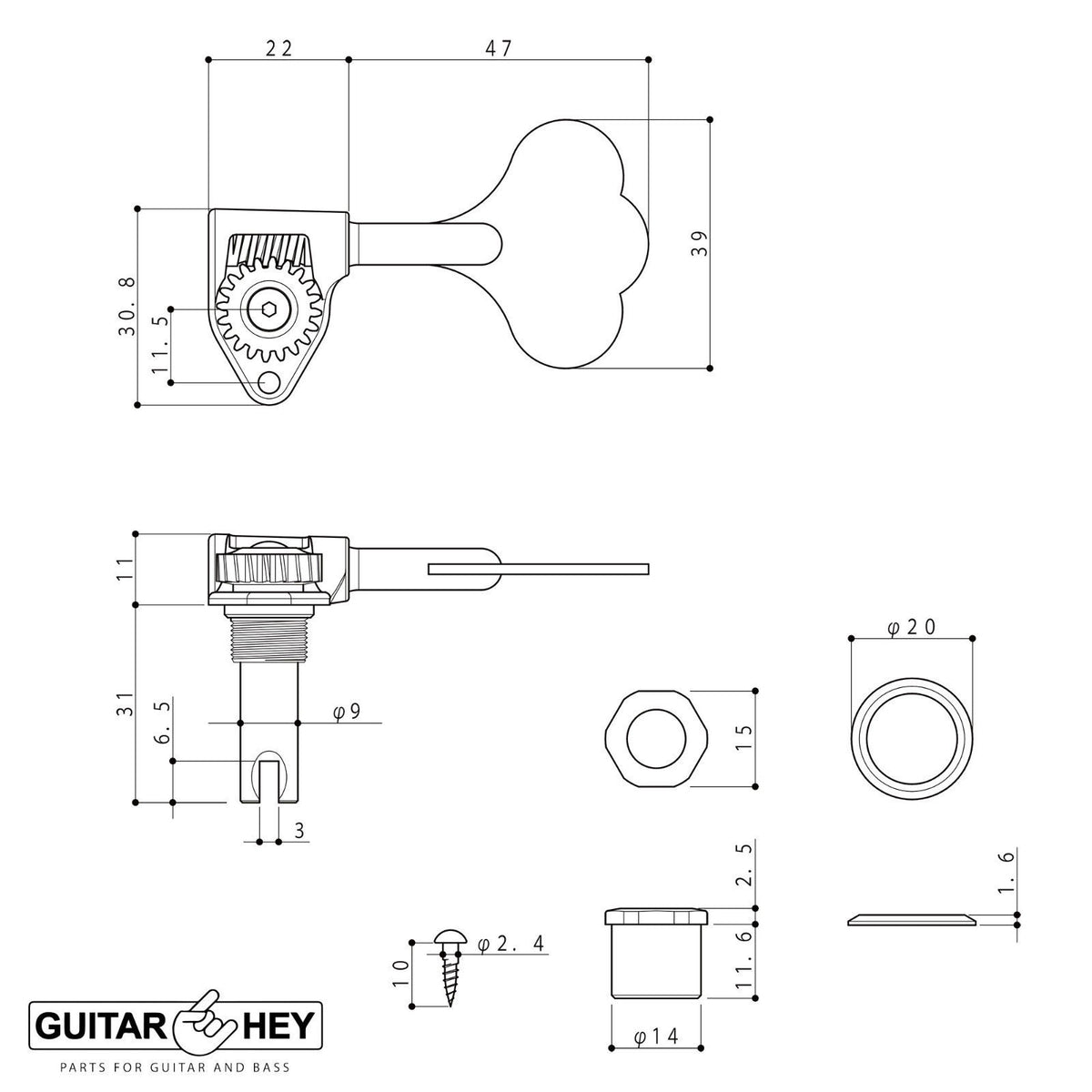 NEW Gotoh GRL510C-9 Bass L3+R2 Tuners SET 9/16" [14mm] RES-O-LITE - COSMO BLACK