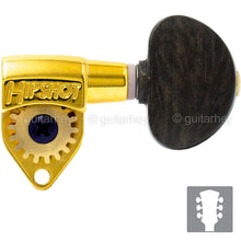 Carregar imagem no visualizador da galeria, NEW Hipshot CLASSIC OPEN-GEAR Tuners L3+R3 Set w/ EBONY LARGE Buttons 3x3 - GOLD