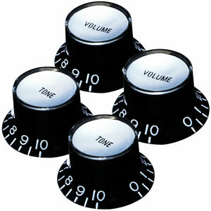 NEW Set 4 BLACK Bell Top Hat KNOBS Silver Reflector for Gibson 1/4" Tone Volume