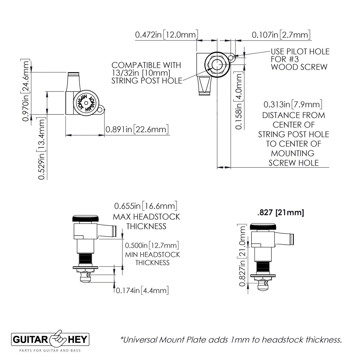 NEW Hipshot 6-in-Line Mini LOCKING Tuners SET w/ KNURLED Buttons - SATIN CHROME