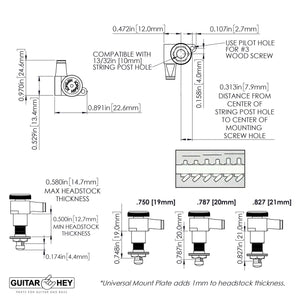 Hipshot 6-in-Line Tuners Schaller Mini Locking M6 Style STAGGERED D05 - CHROME