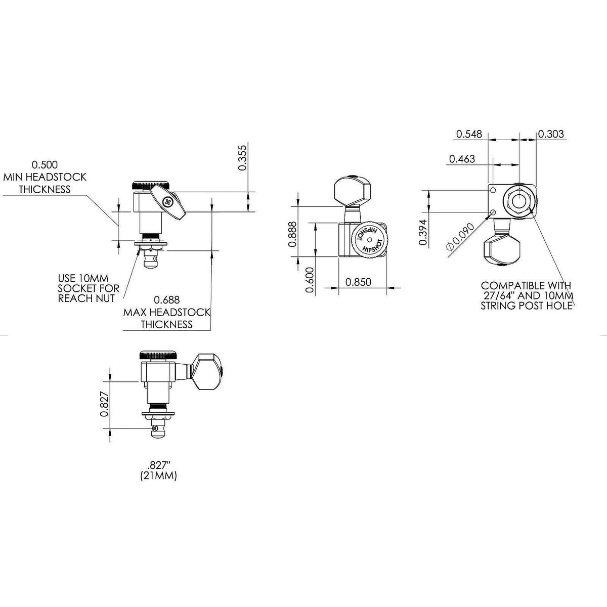 Hipshot Non-Staggered Tuners Fender Directrofit Locking A05-P LEFT-HANDED CHROME