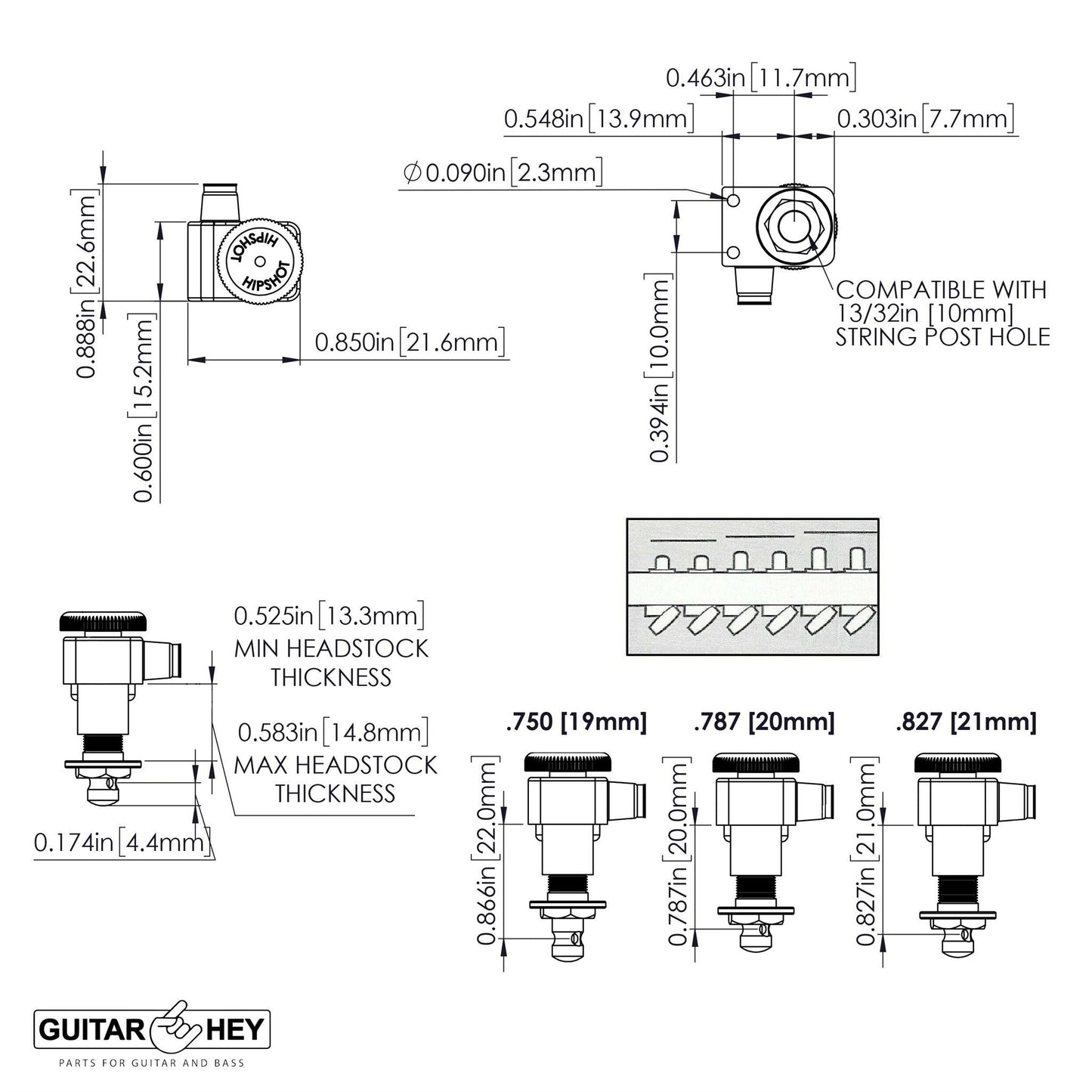 Hipshot STAGGERED Tuners Fender® Directrofit Locking HS-C LEFT-HANDED - CHROME