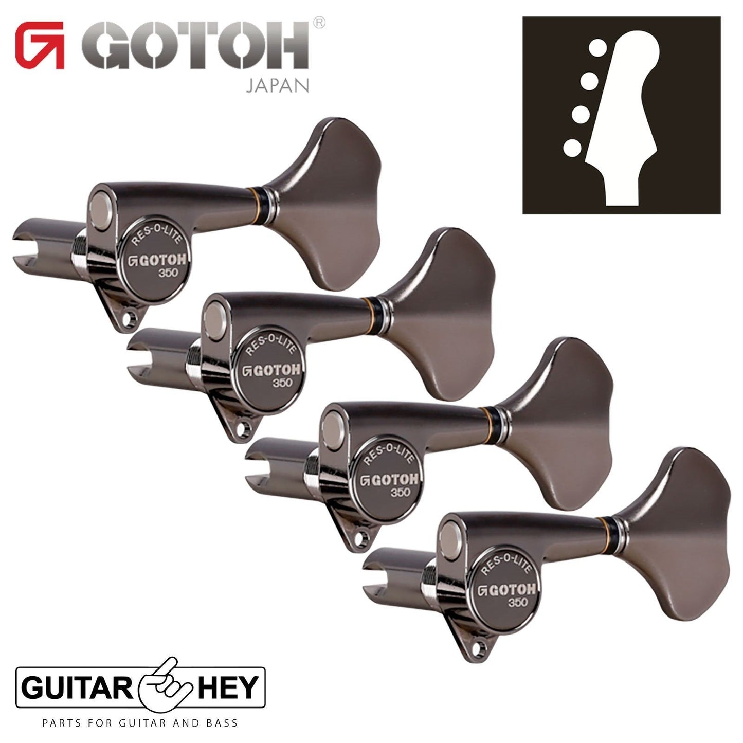 NEW Gotoh GB350 RES-O-LITE Aluminum Bass 4-in Line Tuning Keys Set - COSMO BLACK