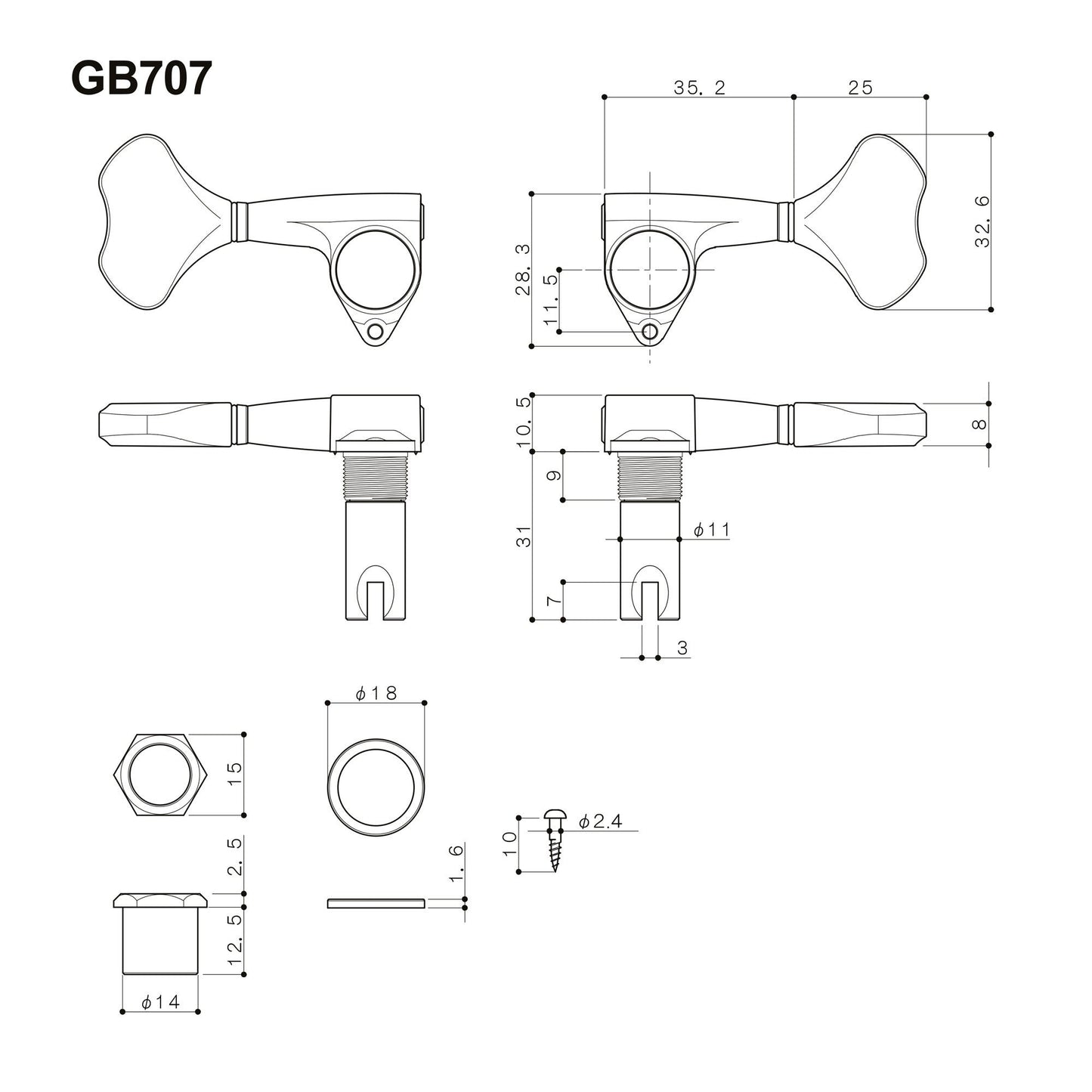 NEW Gotoh GB707 Set 4-in-line Bass Machine Heads Tuner Set Keys - COSMO BLACK