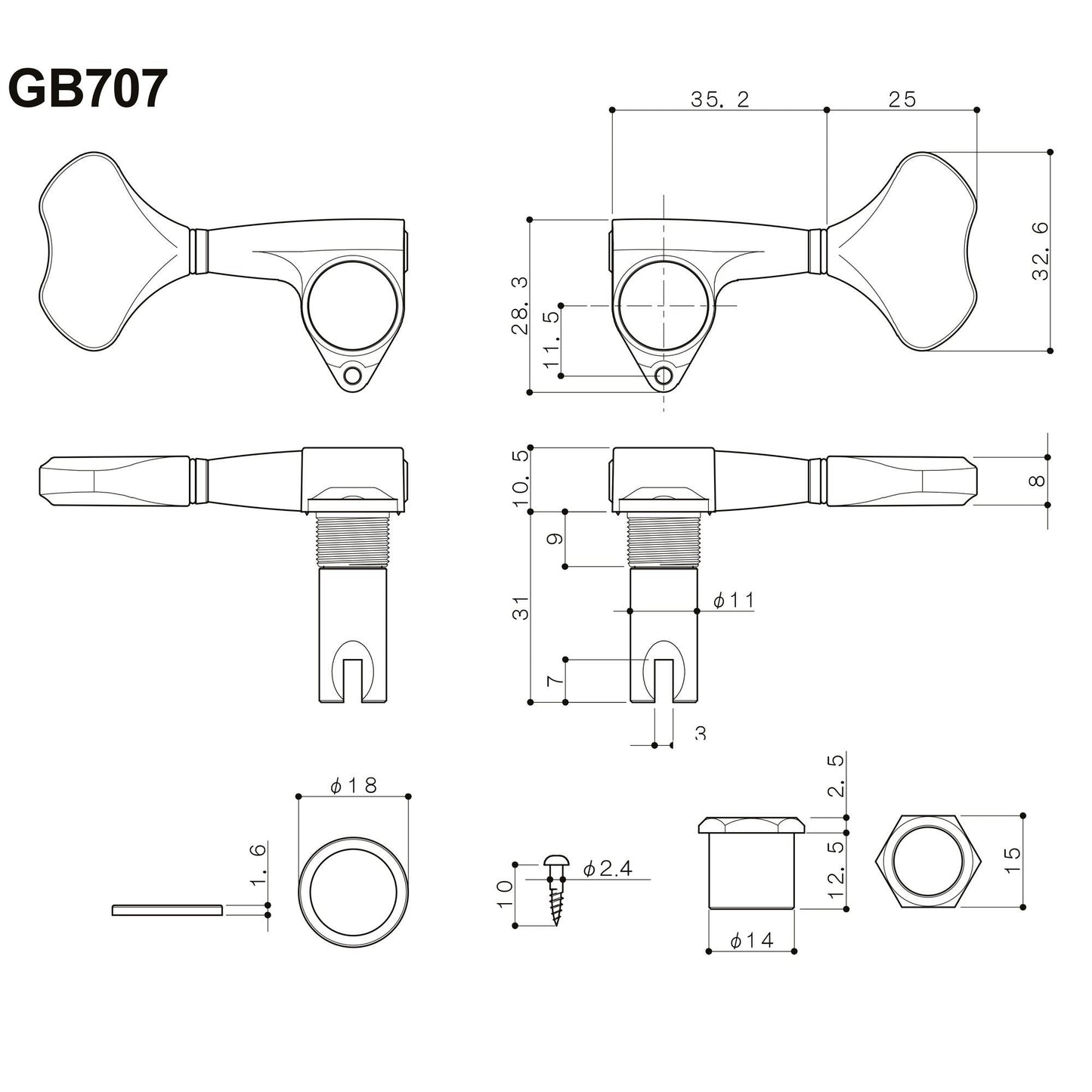 NEW Gotoh GB707 5-Strings Bass Set L5 BASS SIDE - 5 in line w/ Screws - BLACK