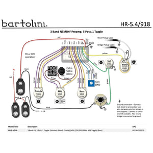 NEW Bartolini HR-5.4/918 ACTIVE Pre-Wired Harness, 3-Band EQ & Preamp for Bass