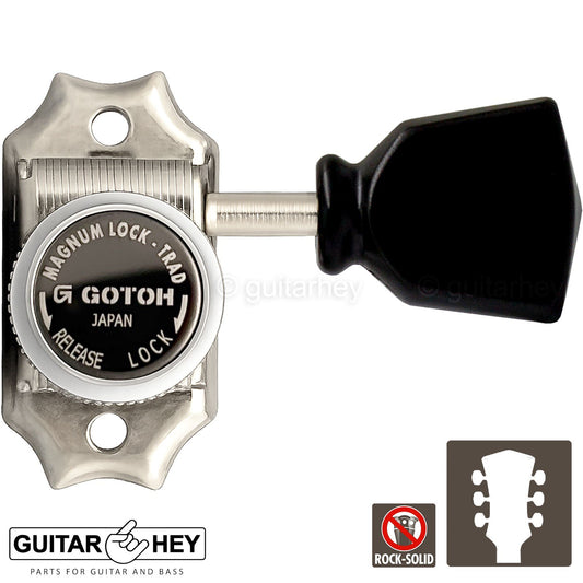 NEW Gotoh SD90-SLB MGT MAGNUM LOCKING Tuners L3+R3 w/ Black Buttons 3x3 - NICKEL