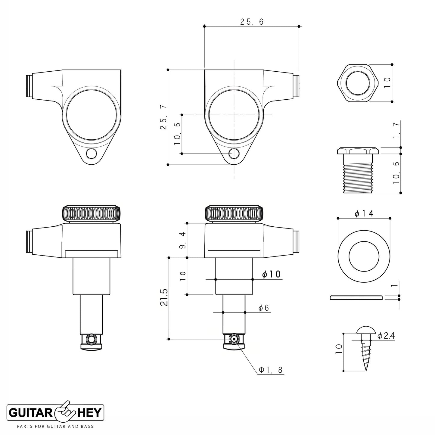 NEW Gotoh SG301-P4B MGTB L3+R3 Set Locking Tuners PLASTIC Buttons 3x3 - BLACK