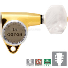 Load image into Gallery viewer, NEW Gotoh SG301-P7 MGT Locking Tuners L3+R3 Keys w/ PEARLOID Buttons 3x3 - GOLD