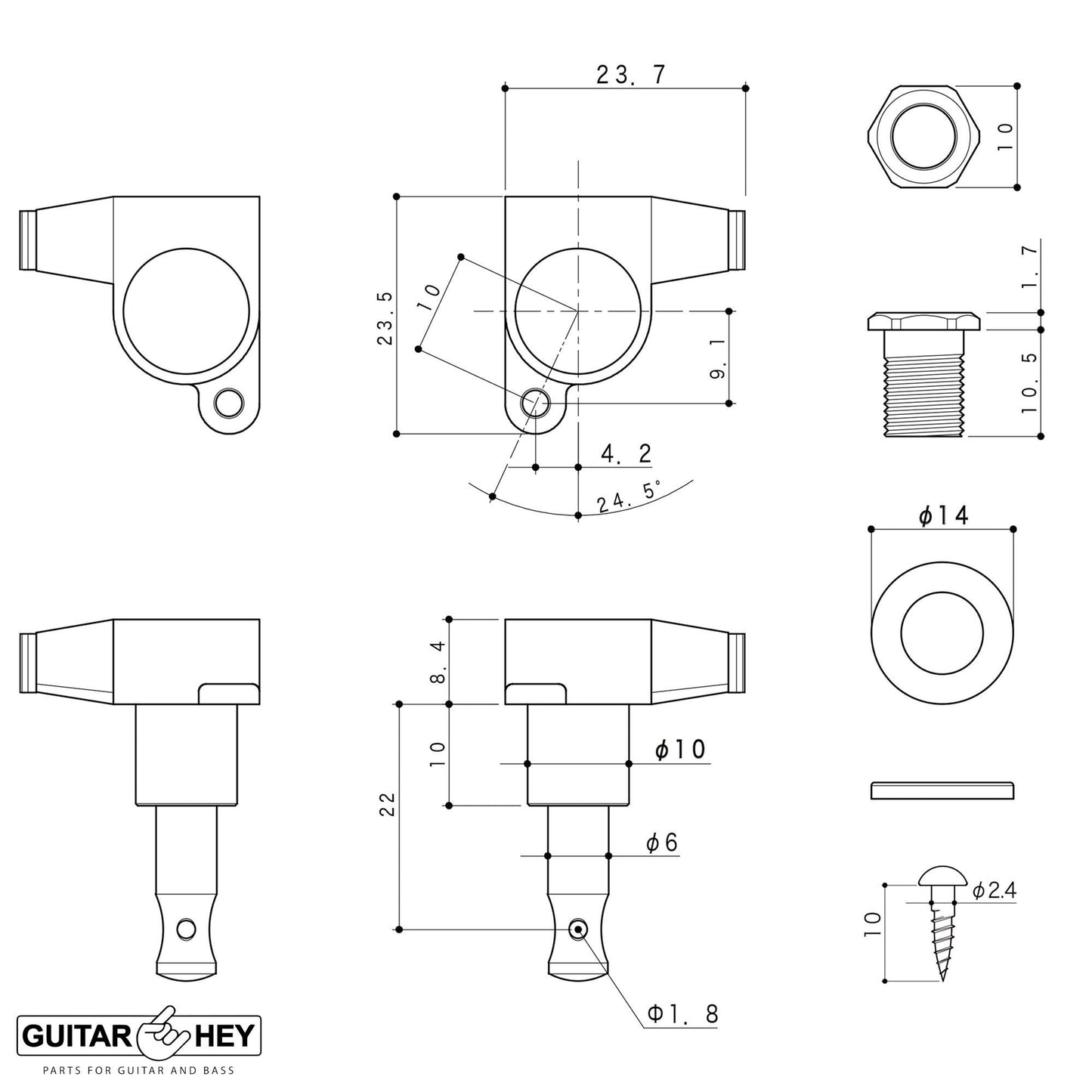 NEW Gotoh SG360-EN01 L3+R3 Mini Tuning Keys w/ Large EBONY Buttons 3x3 - GOLD