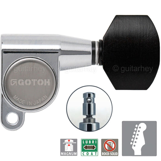 NEW Gotoh SG360-EN07 MG Locking Tuners Set 6 in line w/ EBONY Buttons - CHROME