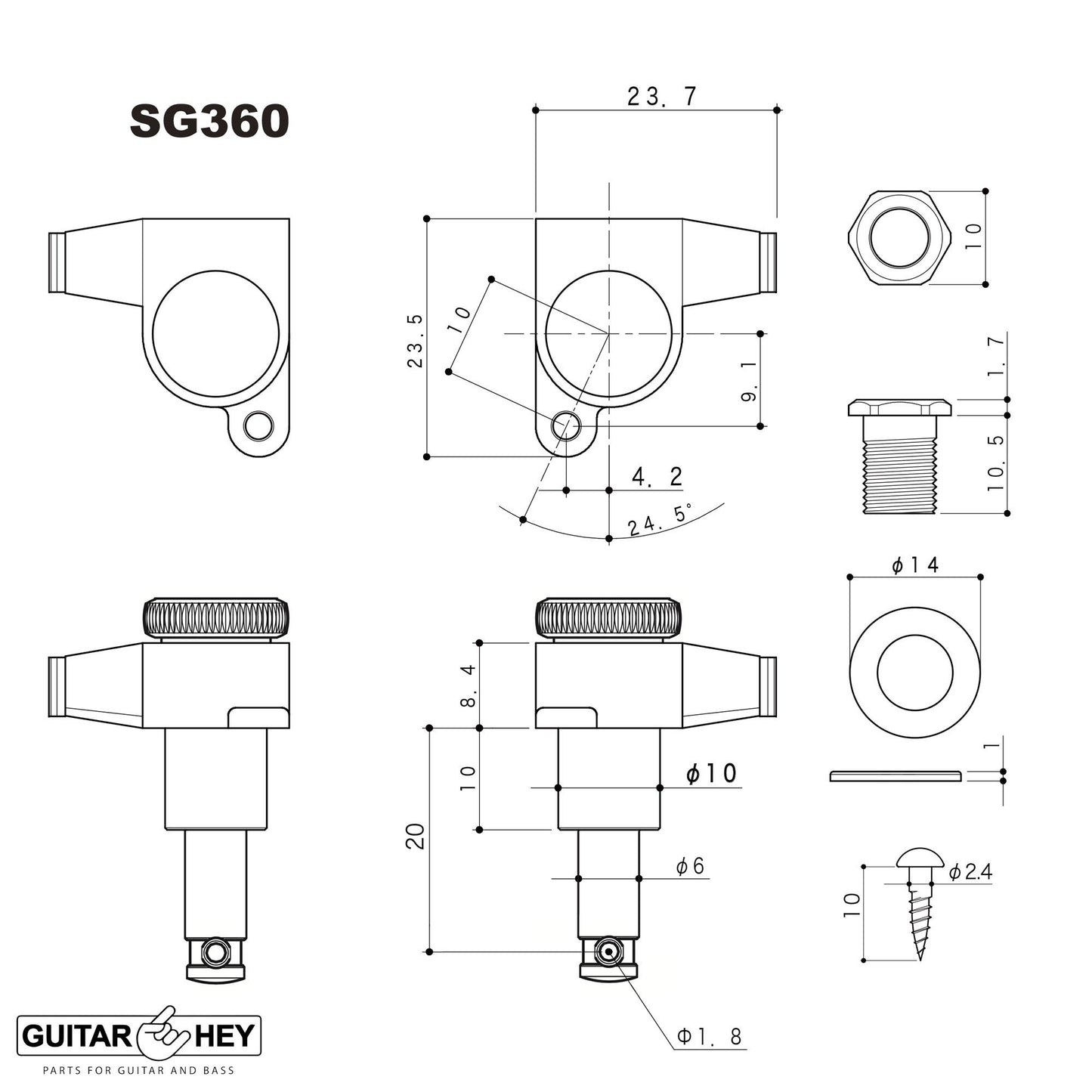 NEW Gotoh SG360-EN07 MGT Locking Tuners L3+R3 Small EBONY Buttons 3x3 - CHROME