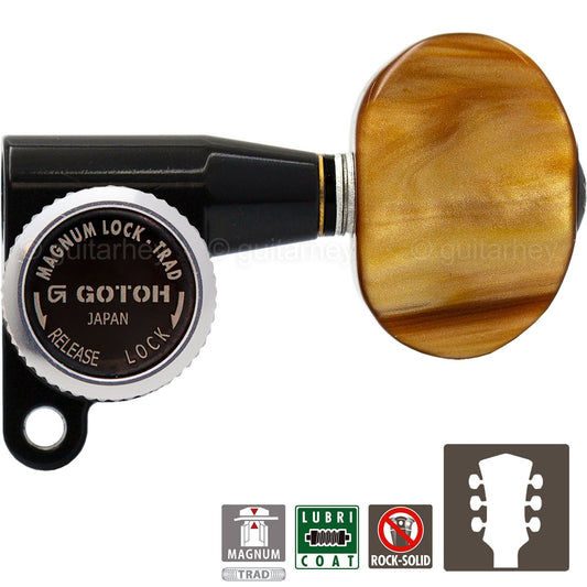 NEW Gotoh SG360-P2 MGT Locking Tuners L3+R3 w/ LARGE Amber Buttons 3x3 - BLACK