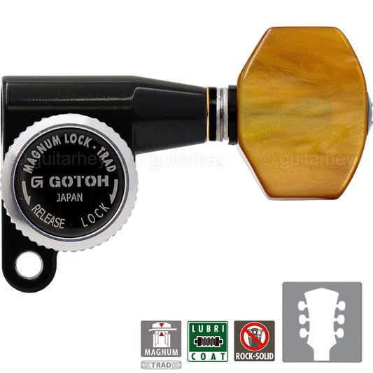 NEW Gotoh SG360-P8 MGT Locking Tuners L3+R3 w/ SMALL Amber Buttons 3x3 - BLACK