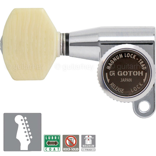 NEW Gotoh SG360-M07 MGT 6 In-Line Locking IVORY Buttons LEFT-HANDED - CHROME