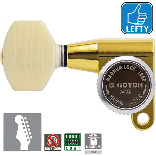 NEW Gotoh SG360-M07 MGT Locking LEFT-HANDED 6-In-Line w/ IVORY Buttons - GOLD
