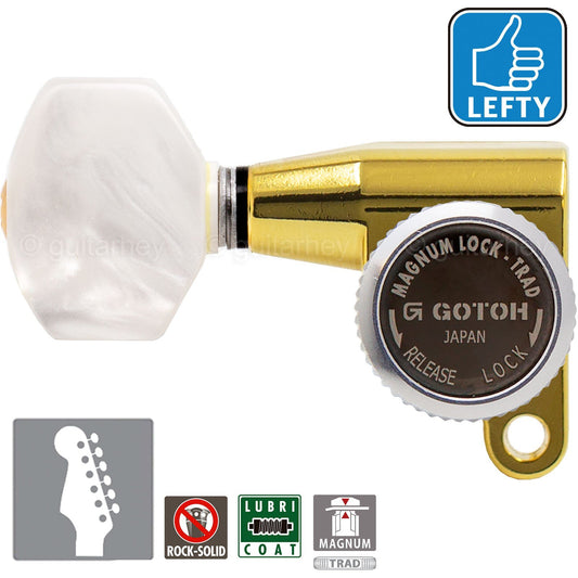 NEW Gotoh SG360-P7 MGT 6 In-Line Locking Tuners PEARL Buttons LEFT-HANDED - GOLD
